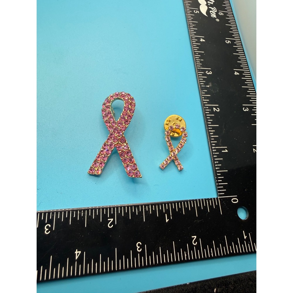 Pink Rhinestone Breast Cancer Awareness Ribbon Pin Tie Tack Gold Tone Set 2pc